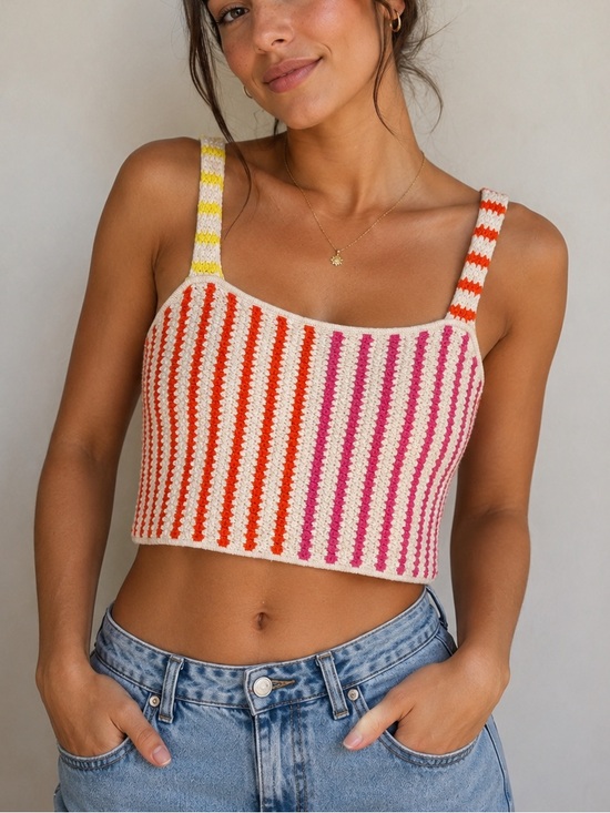 Future Collective Tops - Future Collective Striped Crochet Crop Tank Top in Pink, Orange & Yellow